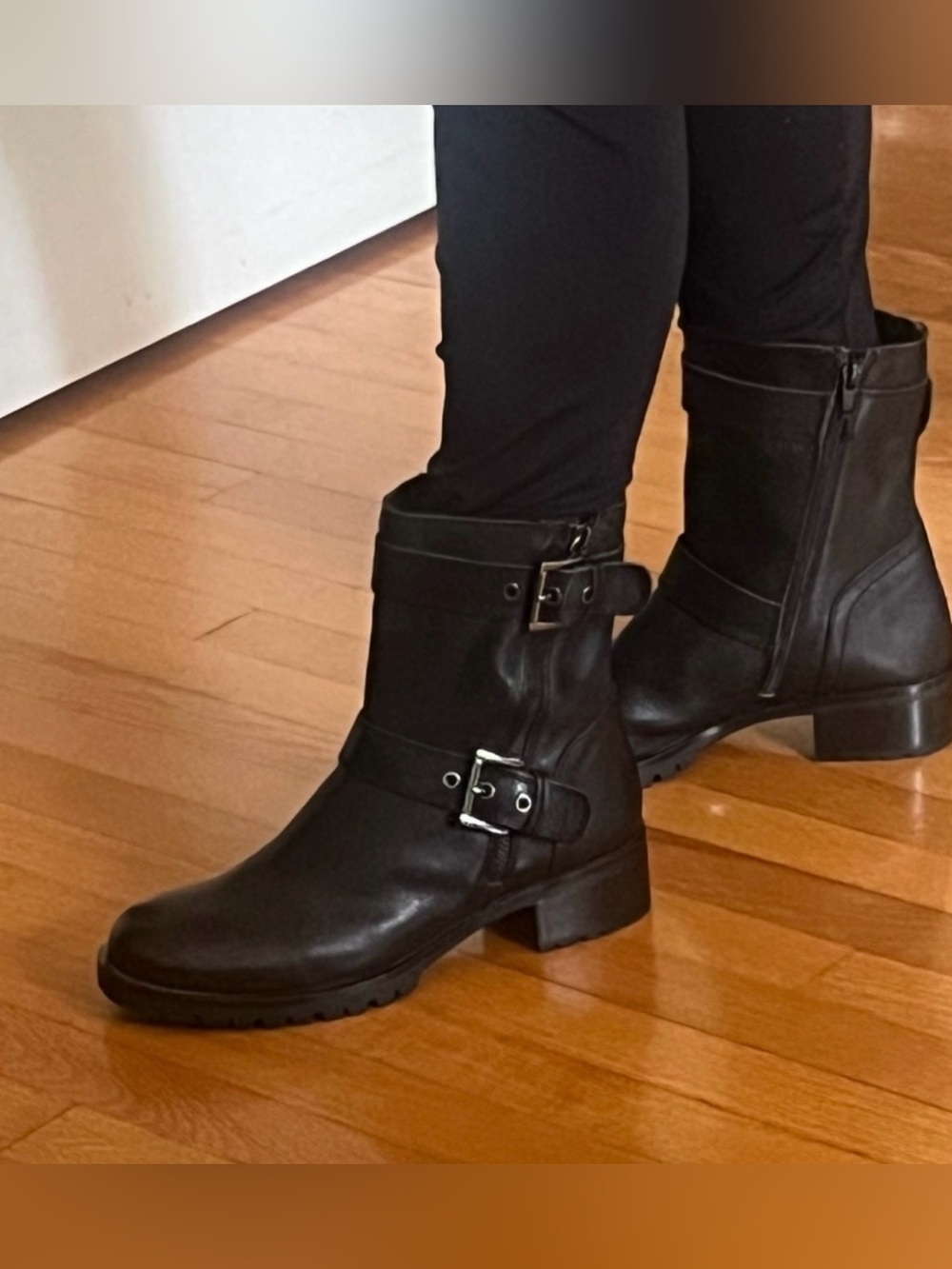 Aldo Black Leather Buckled Mid-Calf Combat Biker Boots